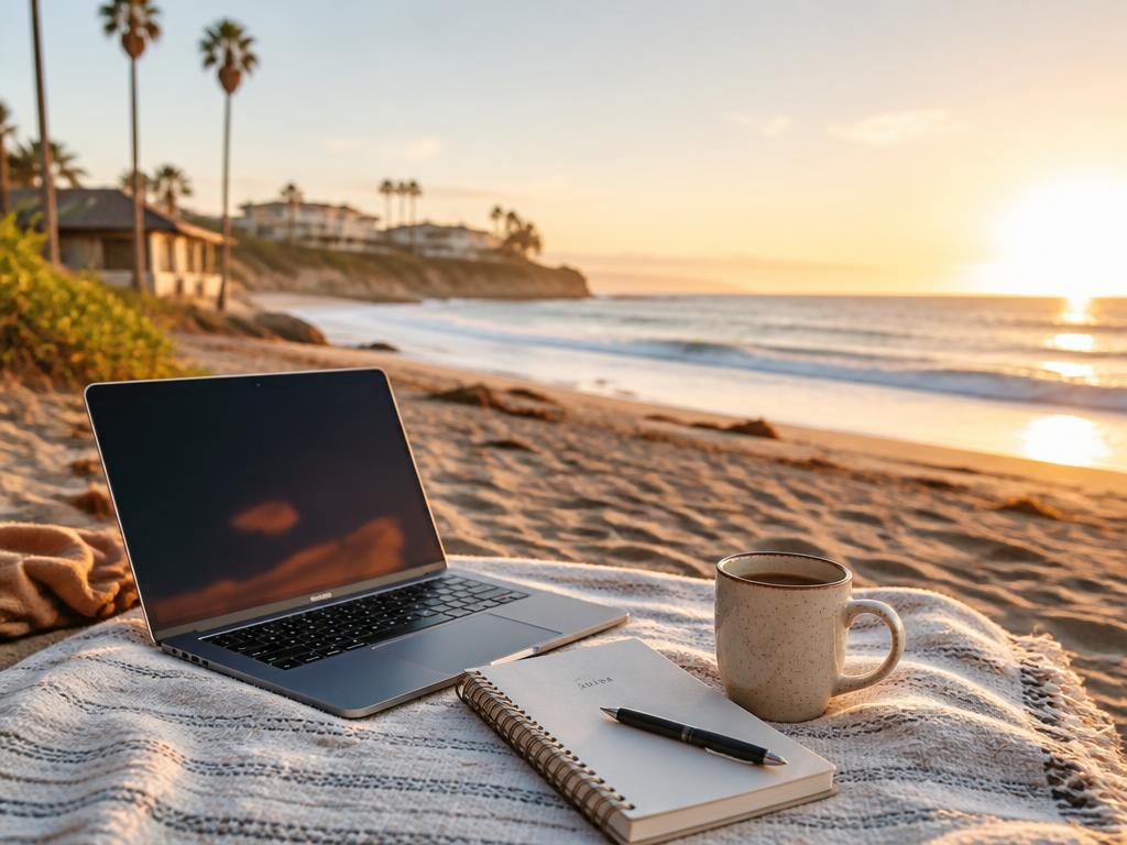 A laptop, notebook, pen, and coffee cup arranged on a towel at the beach during golden hour